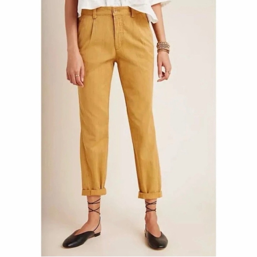 Anthropologie Women Scout Slim Pleated Straight Leg Ankle Pants Honey 27 Boho